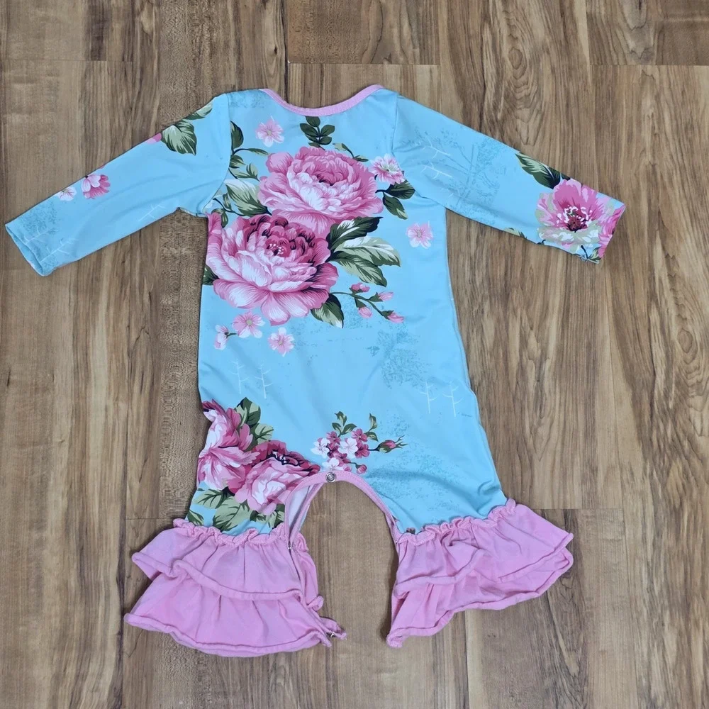 Baby Girl Blue Pink Floral Romper Long Sleeve Ruffle Bell Bottom One Piece